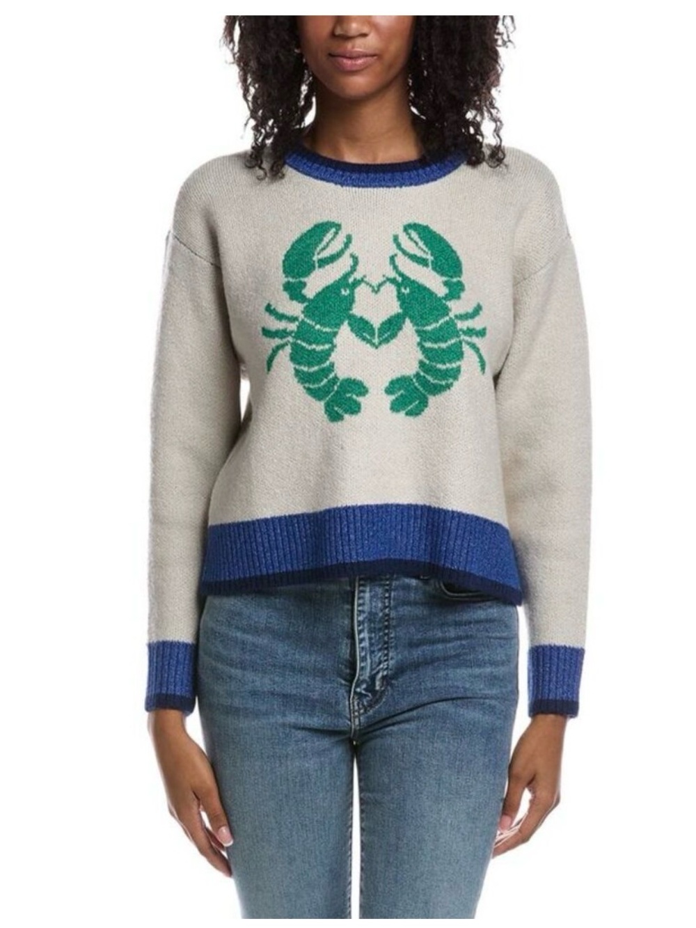 Cabi Women's Cream Sweater with Blue Trim and Green Lobster Motif